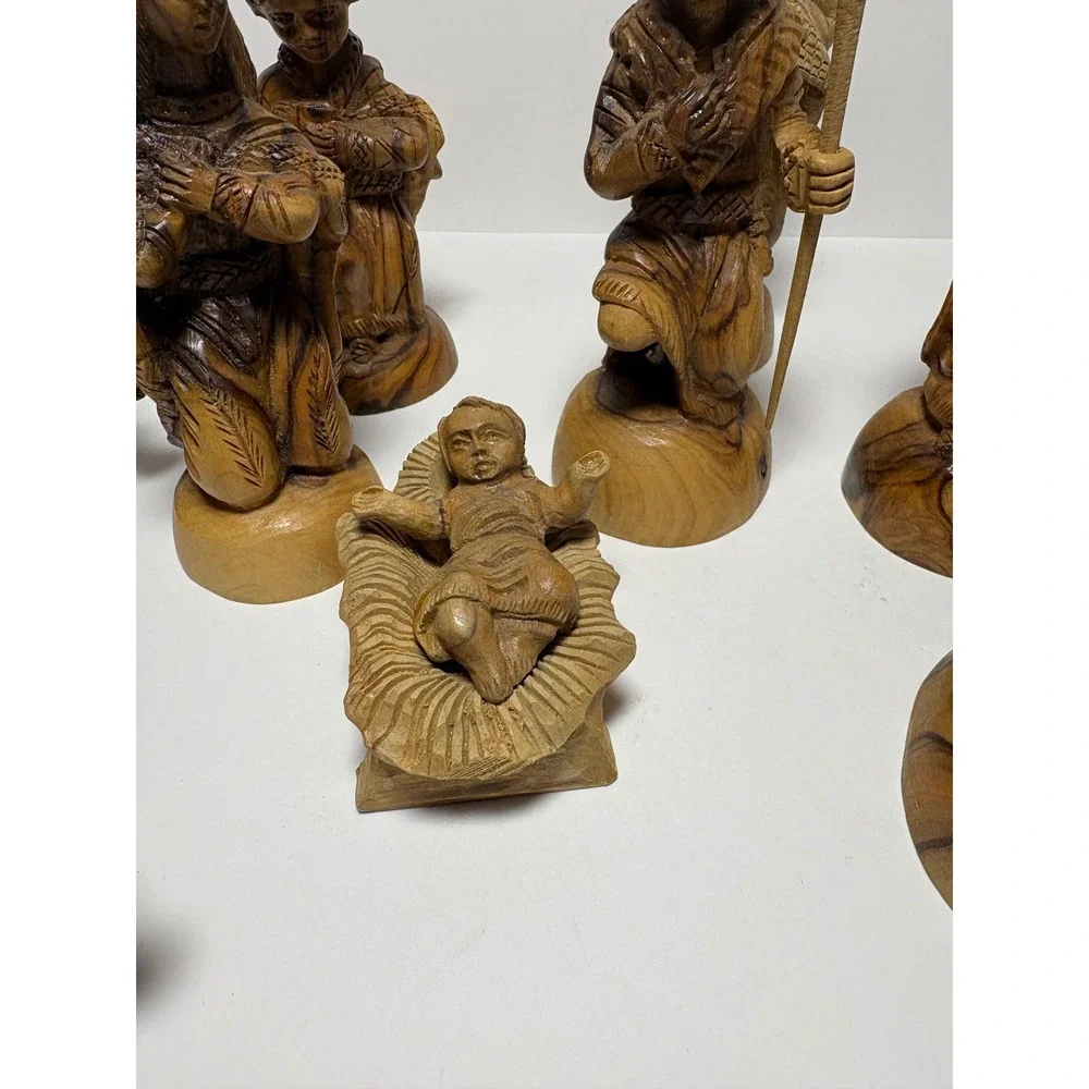 Vintage Hand Carved Olive Wood Nativity 10 Piece Set Christmas Creche Figures